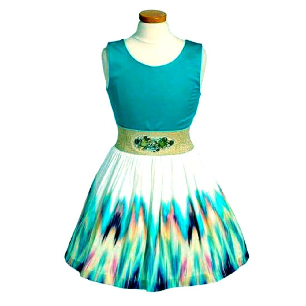 Zoe Ltd NWT Tween Girls Teal Gold Ivory Ikat Dress Size 12 NEW